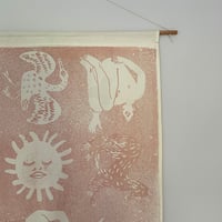 Image 1 of Lithographed beasts silk wall hanging - pink on cream