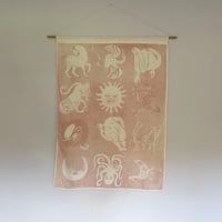 Image 2 of Lithographed beasts silk wall hanging - pink on cream