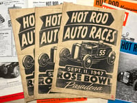 Image 2 of Pasadena Rose Bowl Hot Rod Races aged Linocut Print FREE SHIPPING