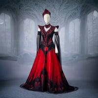 Image 1 of Moon phases lace red gown gothic medieval princess black dress wedding witchy pagan fairy fancy 