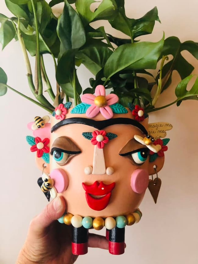 MAGICAL series - Frida with Bees and Flowers Clay Sculpture Planter