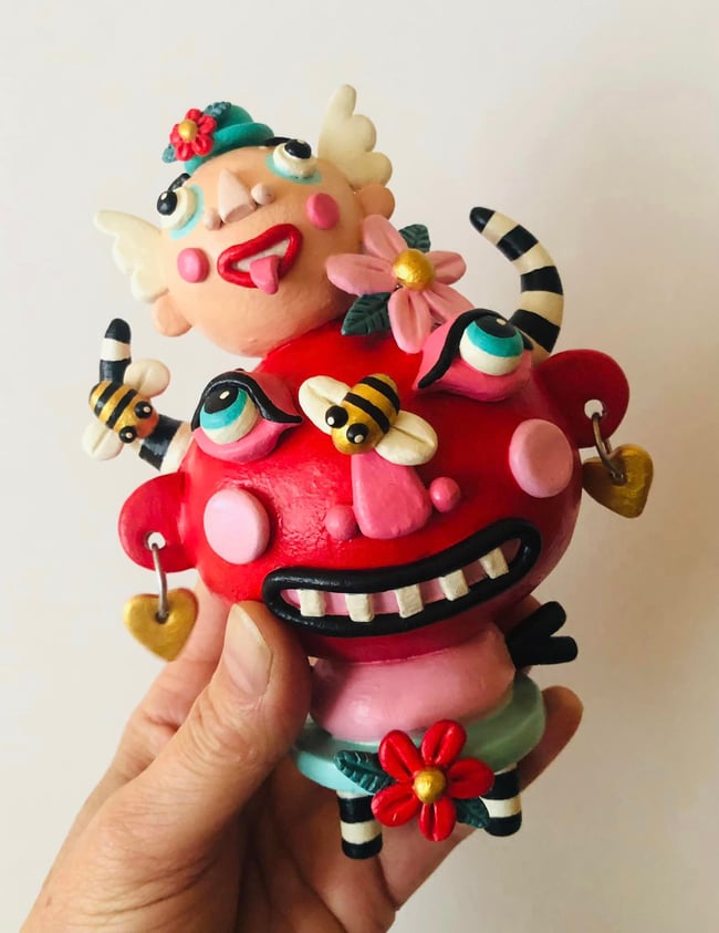 MAGICAL series - Little Red Devil with Sidekick Clay Sculpture