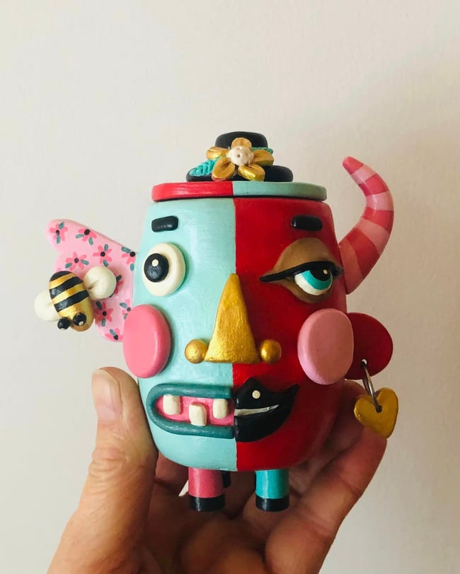 MAGICAL series - Devil with Bee Pot with Lid Clay Sculpture