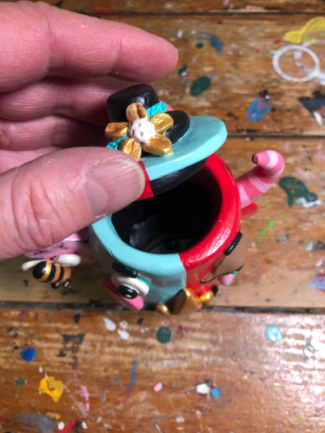 MAGICAL series - Devil with Bee Pot with Lid Clay Sculpture