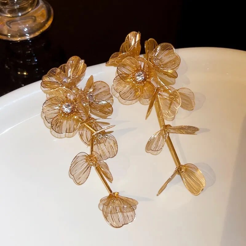 Image of Lulu Vintage Gold Flower Drop Statement Earrings