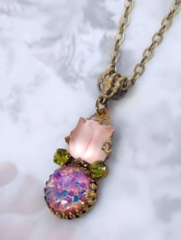 Image 3 of Pink Flower Necklace with Glass Fire Opal - Art Deco Lalique Style Handmade Jewelry