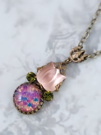 Image 1 of Pink Flower Necklace with Glass Fire Opal - Art Deco Lalique Style Handmade Jewelry