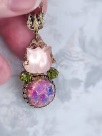 Image 2 of Pink Flower Necklace with Glass Fire Opal - Art Deco Lalique Style Handmade Jewelry