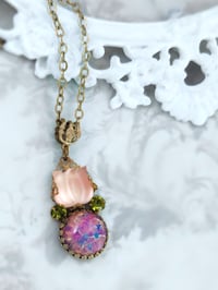 Image 4 of Pink Flower Necklace with Glass Fire Opal - Art Deco Lalique Style Handmade Jewelry