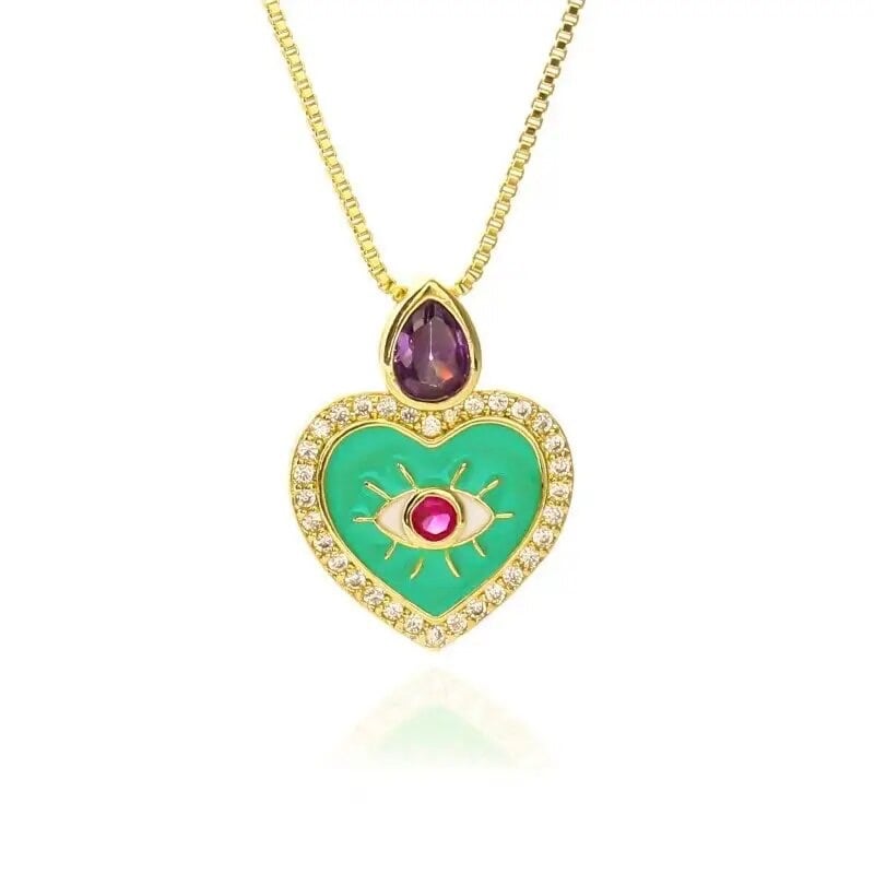 Image of Cute Zircon Green Gold Heart Necklace