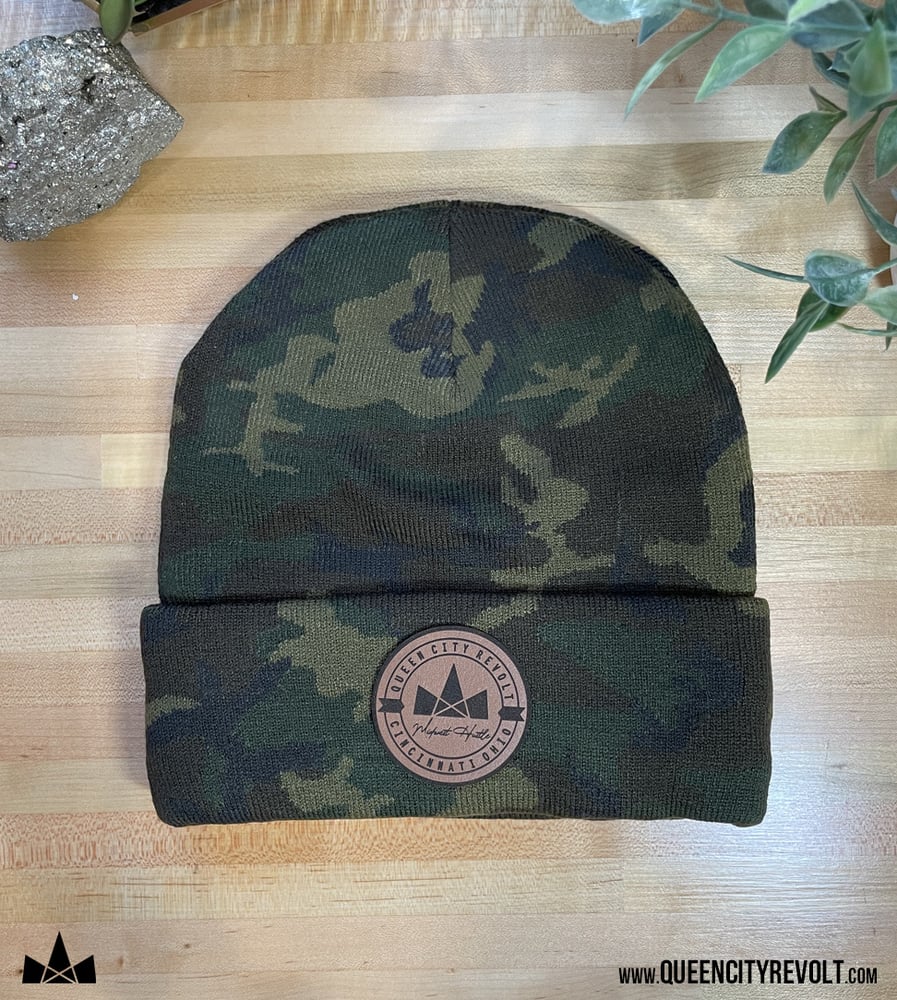 Image of Lined Beanie, Camo/Leather Patch