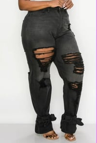 Image 1 of PLUS SIZE TIE BOTTOM FLARE JEANS