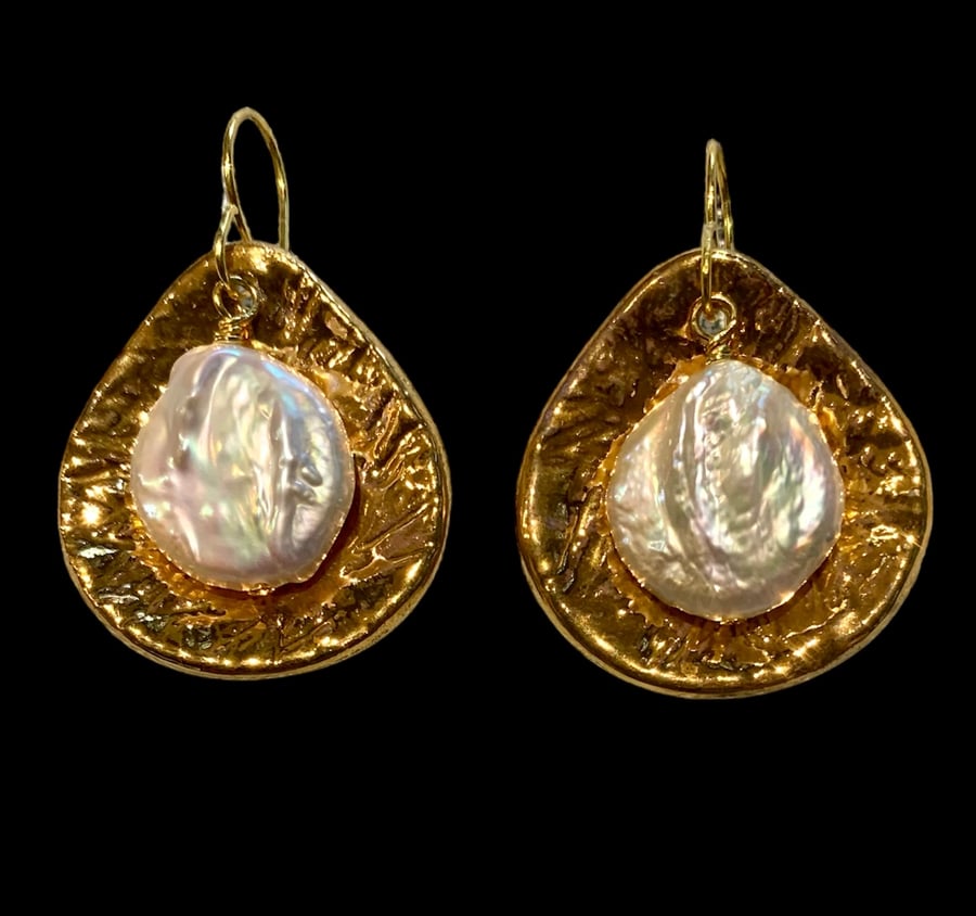 Image of Golden orbs with baroque coin pearl earrings (3x4cm)