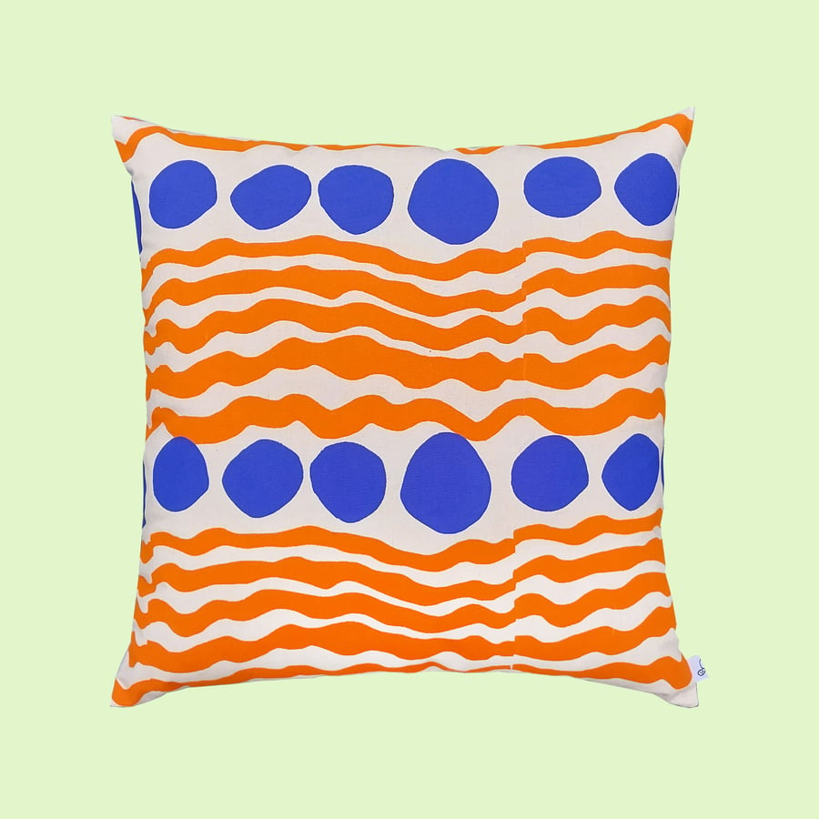 Image of AT THE BEACH CUSHION - BLUE & ORANGE or GREEN & ORANGE