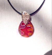 Image of Pink red orange transparent cloisonne enamel on copper pendant with bronze and cz bail