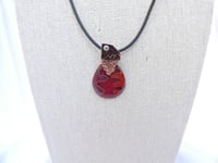 Image of Pink red orange transparent cloisonne enamel on copper pendant with bronze and cz bail