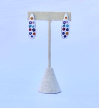 Image of White enamel on copper earrings with millefiori chips