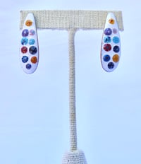 Image of White enamel on copper earrings with millefiori chips