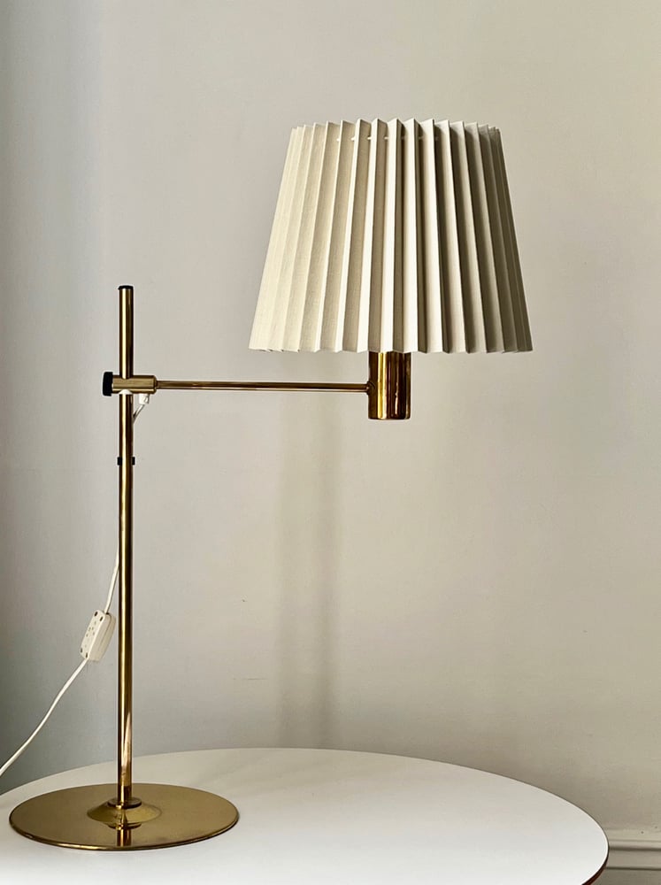 Image of Brass Table Lamp by Jakobsson, Sweden, with Handmade Linen Shade