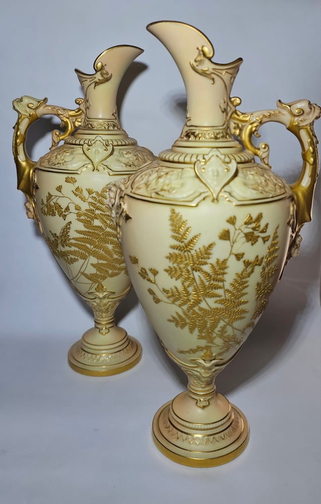 Image of Royal Worcester Pair Ornate Ewers