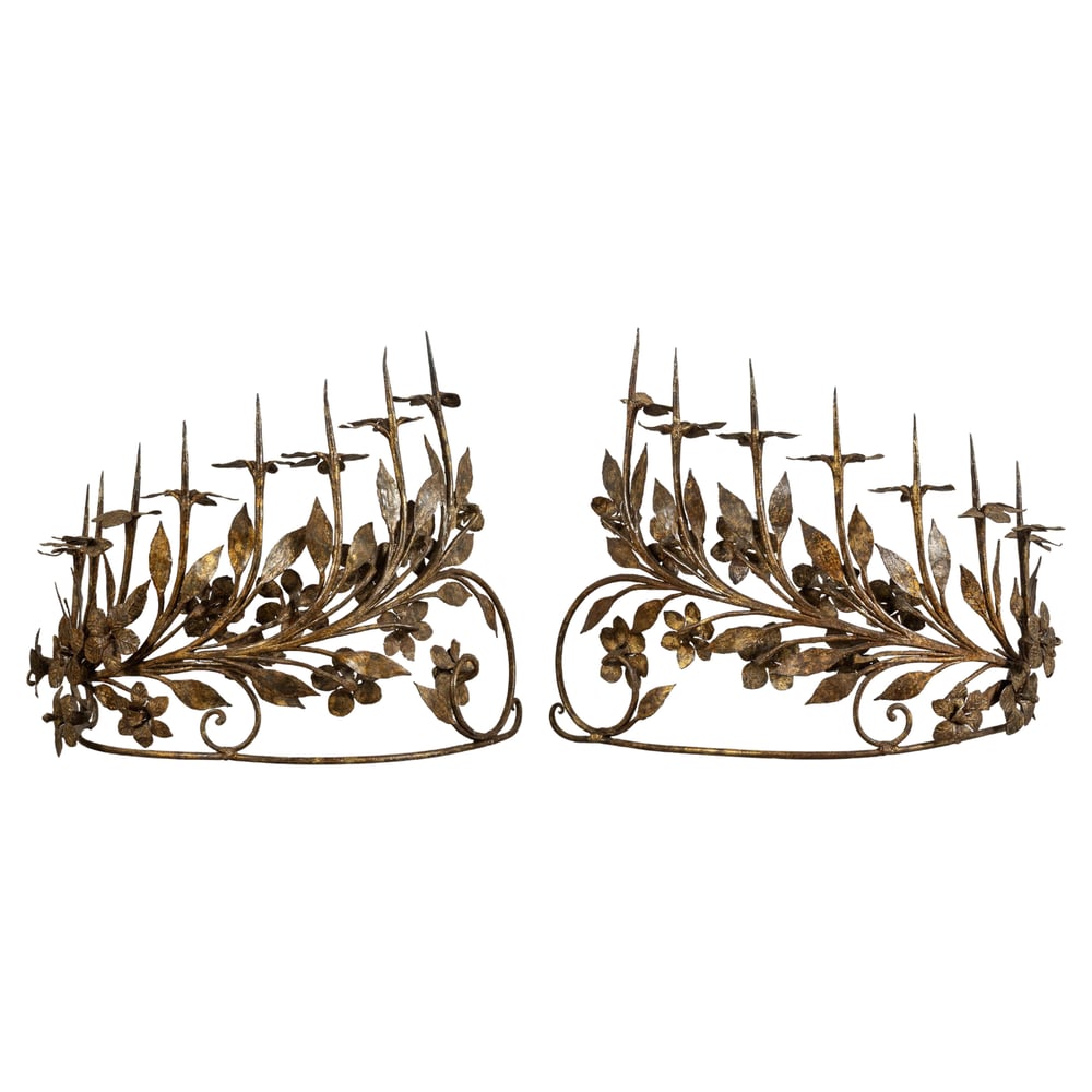 Image of Pair of eight-light antique vintage Italian candelabrum in wrought gilded iron