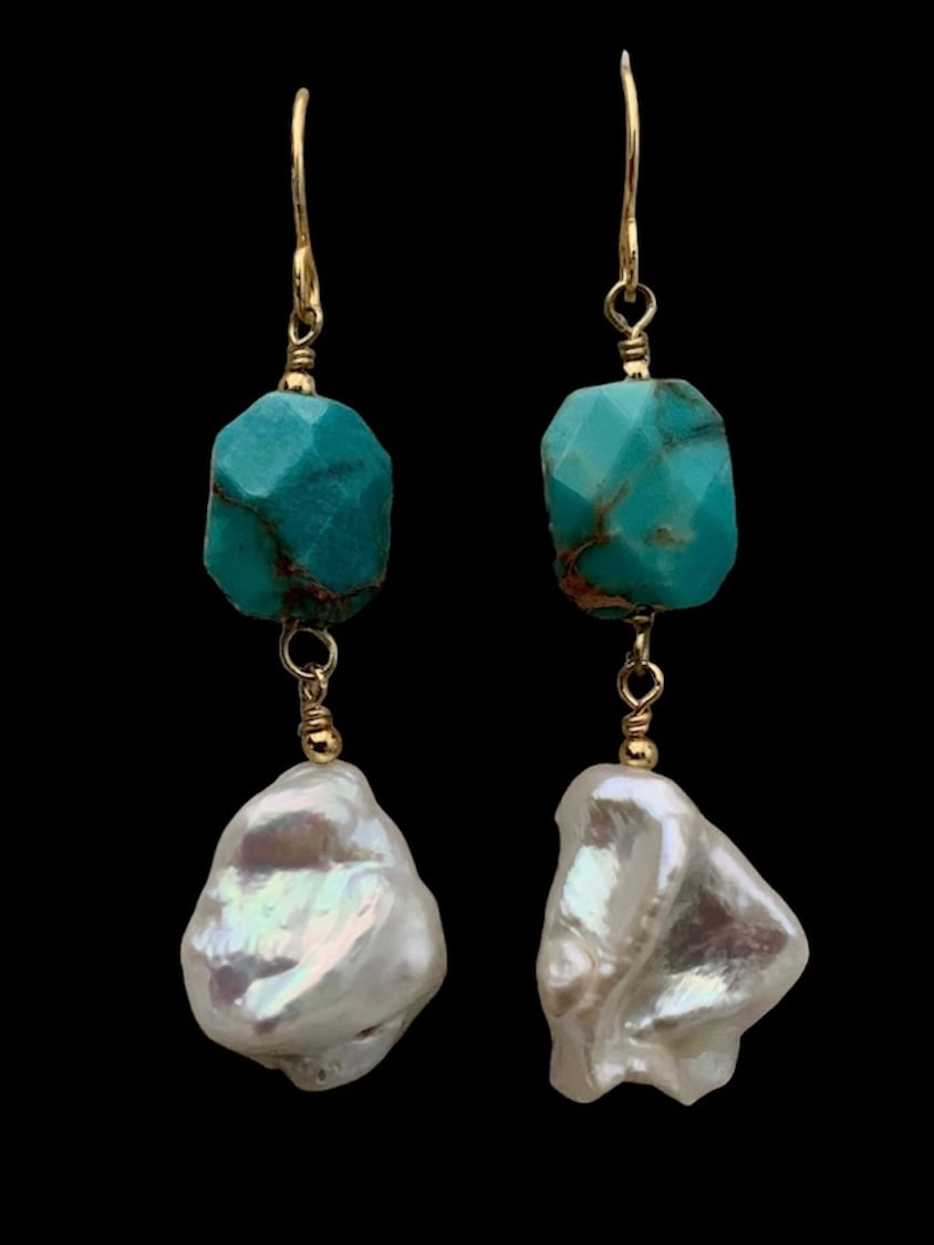 Image of Turquoise & baroque pearl earrings (5.5cm)