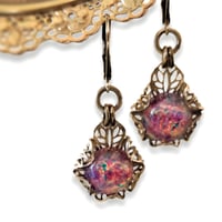 Image 1 of Glass Opal Dangle Earrings - Handcrafted Filigree Fire Opal Earrings - Art Deco Jewelry