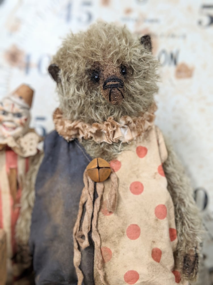 Image of 11" Fat old Vintage Tan/Gray Mohair Teddy Bear in distressed romper  by Whendi's Bears.
