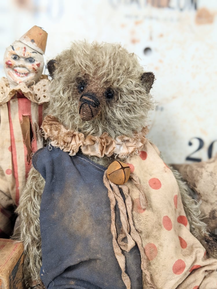 Image of 11" Fat old Vintage Tan/Gray Mohair Teddy Bear in distressed romper  by Whendi's Bears.