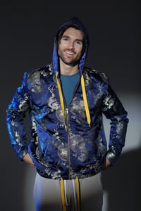 Chinese Silk Brocade Hoodie - Navy Blue & Gold - Dragon & Smoke