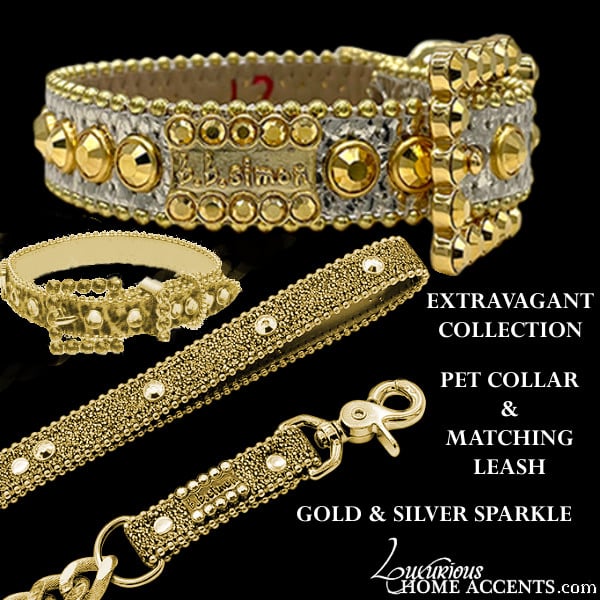 Image of Pet Collar and Leash Swarovski Crystal Gold Silver