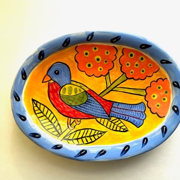 Image of 21 Red, Yellow, Blue Bird with Flowers Platter 2023