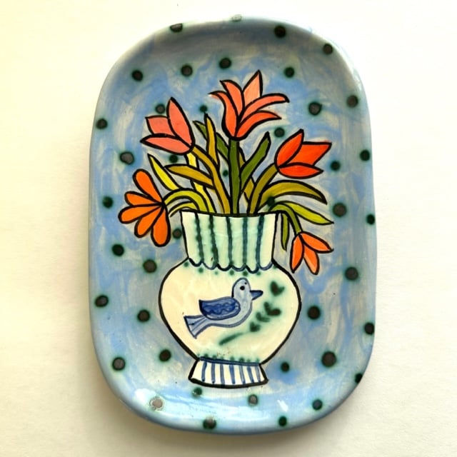 Image of 28 Blue Small Platter with Bluebird Vase and Tulips 2023