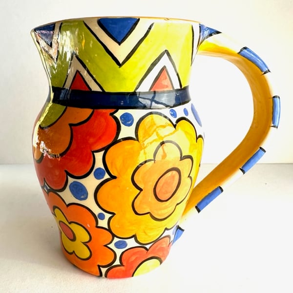 Image of 39 Mod Flowers and Chevron Border Pitcher + Striped Handle  2023