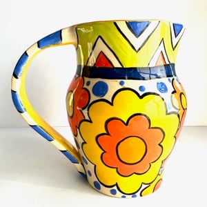 Image of 39 Mod Flowers and Chevron Border Pitcher + Striped Handle  2023