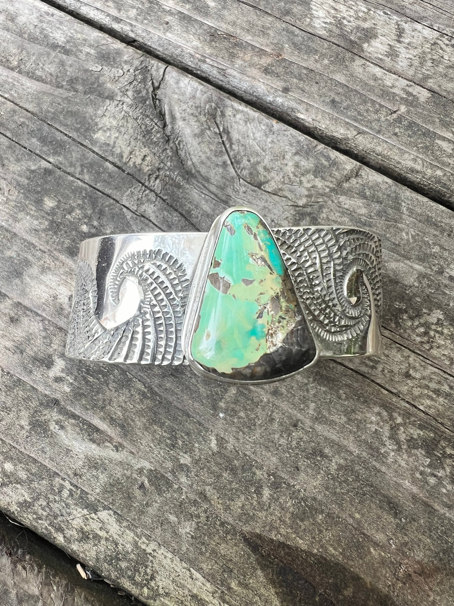 Image of Natural Stenich Turquoise hand stamped Wave Cuff