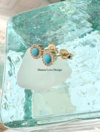 Image 1 of 14k solid gold diamond & turquoise studs earrings 