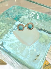 Image 2 of 14k solid gold diamond & turquoise studs earrings 