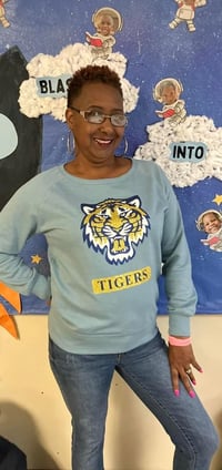 Image 5 of GLITTER TIGER SWEATSHIRT (Light Blue, Heather Gray, Light Gray & Salmon) 