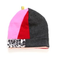 Image 1 of pink gray cashmere patchwork beanie hat courtneycourtney knit stretch sweater warm winter upcycle