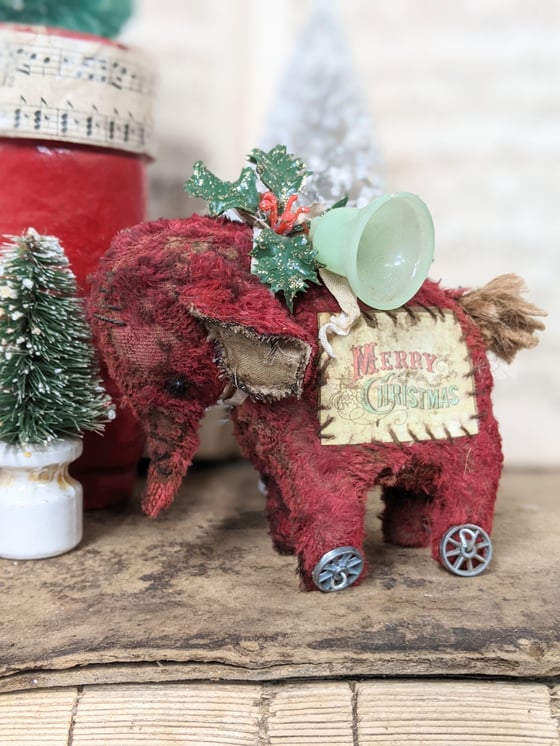 Image of ORDER:  one of three -  3.5" RED Christmas Elephant Pull Toy by Whendi's Bears
