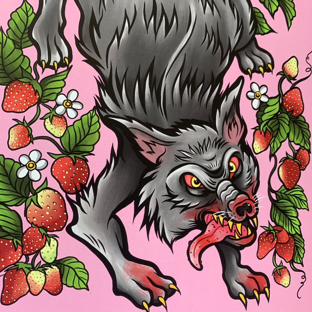 Pink Strawberry Wolf Emetic Art Print