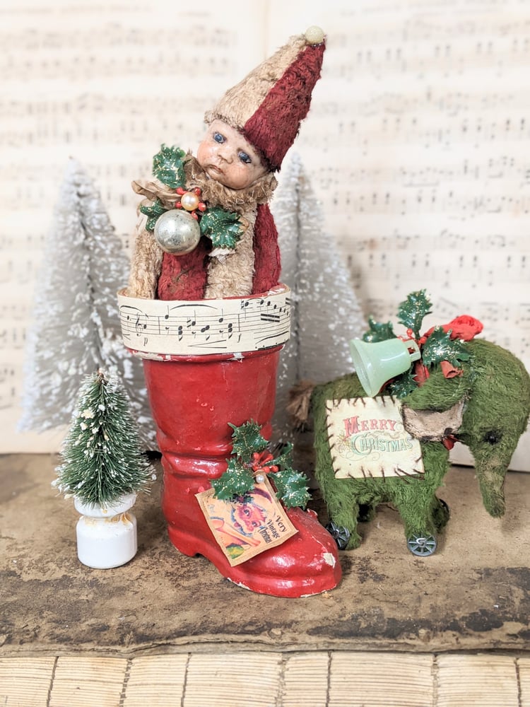 Image of SET:  7"  Christmas POPPET & 5" antique german papier mache santa boot by Whendi's Bears