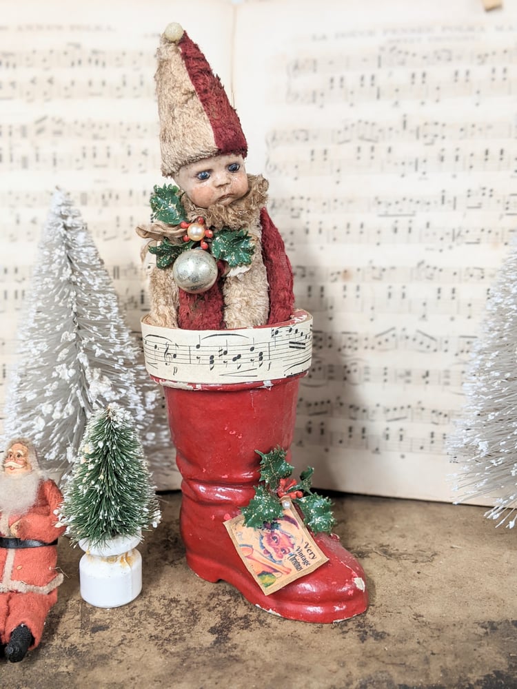 Image of SET:  7"  Christmas POPPET & 5" antique german papier mache santa boot by Whendi's Bears