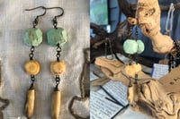 Chrysoprase, Carved Bone and Wood Earrings