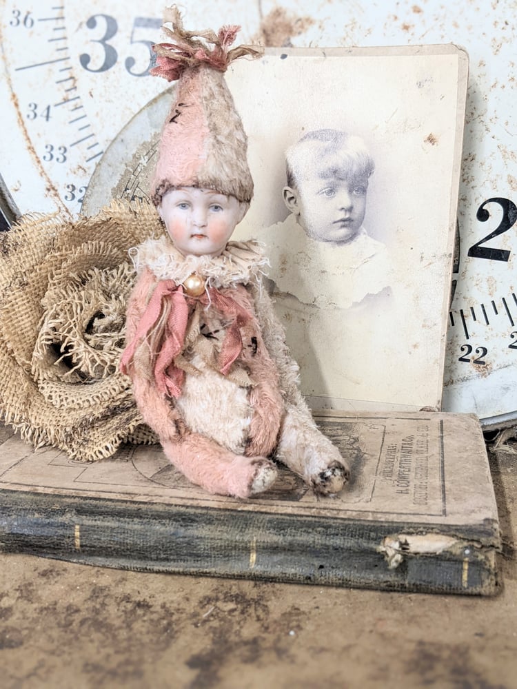 Image of Darling 7" Shabby PiNK & CrEAM  POPPET  with antique german bisque dolly head by Whe