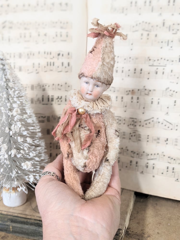 Image of Darling 7" Shabby PiNK & CrEAM  POPPET  with antique german bisque dolly head by Whe