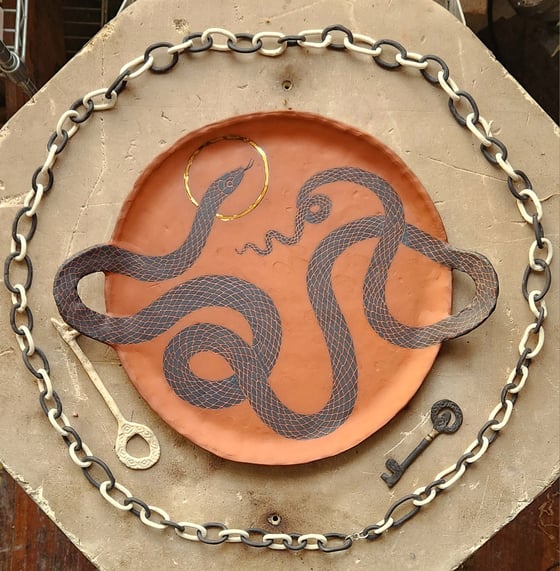 Image of Red Serpent-handled Tray with Halo