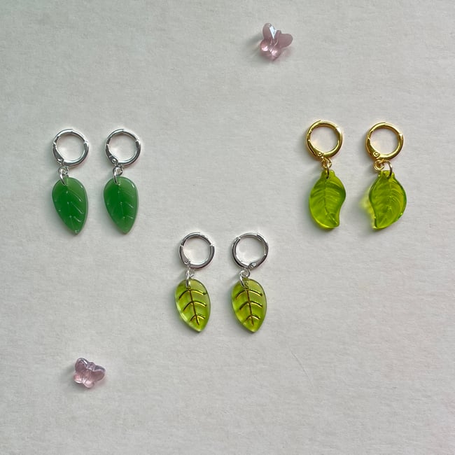 glass green leaf huggie hoop earrings