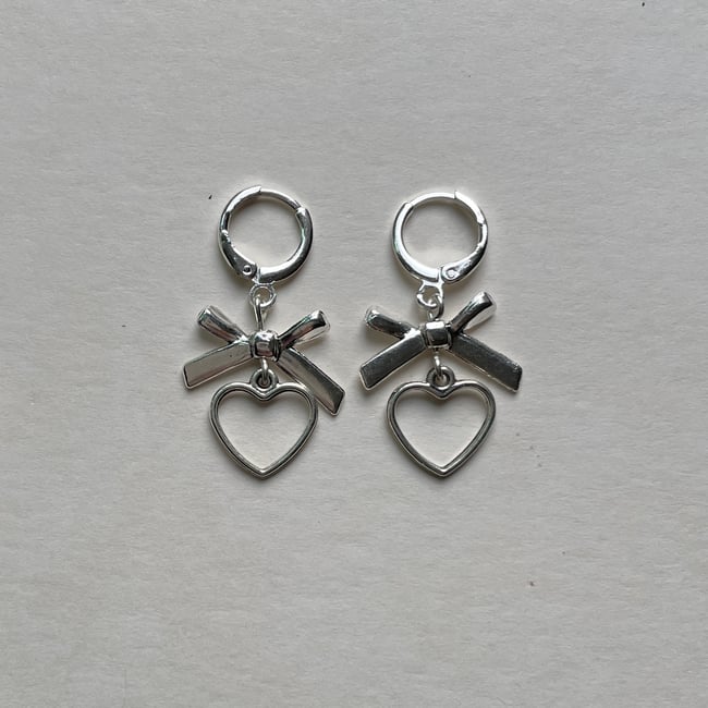 silver heart and bow huggie hoop earrings